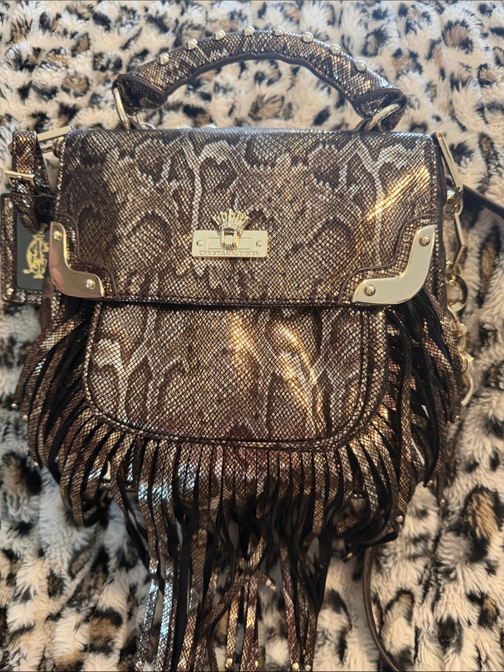 Christian Audigier Metallic Snake-Print Fringe Crossbody Bag in Brown and Gold